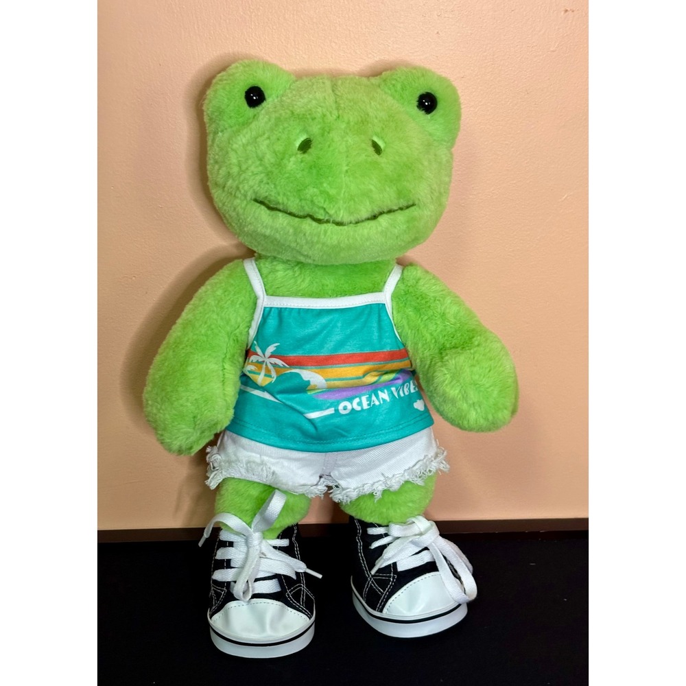 Build-A-Bear Spring Green Frog Plush Stuffed Animal Summer Outfit Sneakers lot